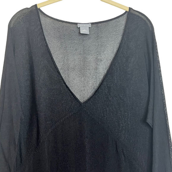 Ann Taylor Womens Lightweight Sweater Medium Black Semi-Sheer V-Neck 3/4 Sleeves - Picture 2 of 5